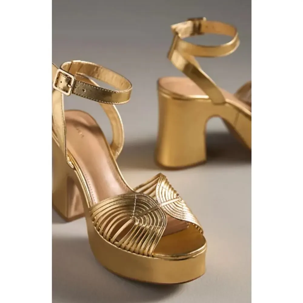 Maeve Anthropologie Lorelei Gold Leather Platform Ankle Strap Heels Size37 6-6.5